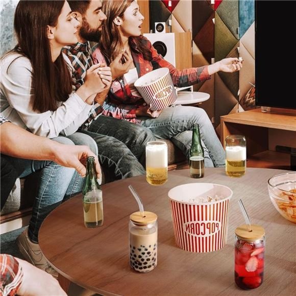 Drinking Glasses with Bamboo Lids and Glass Straw 4pcs Set - 16oz Can Shaped - Picture 4 of 7